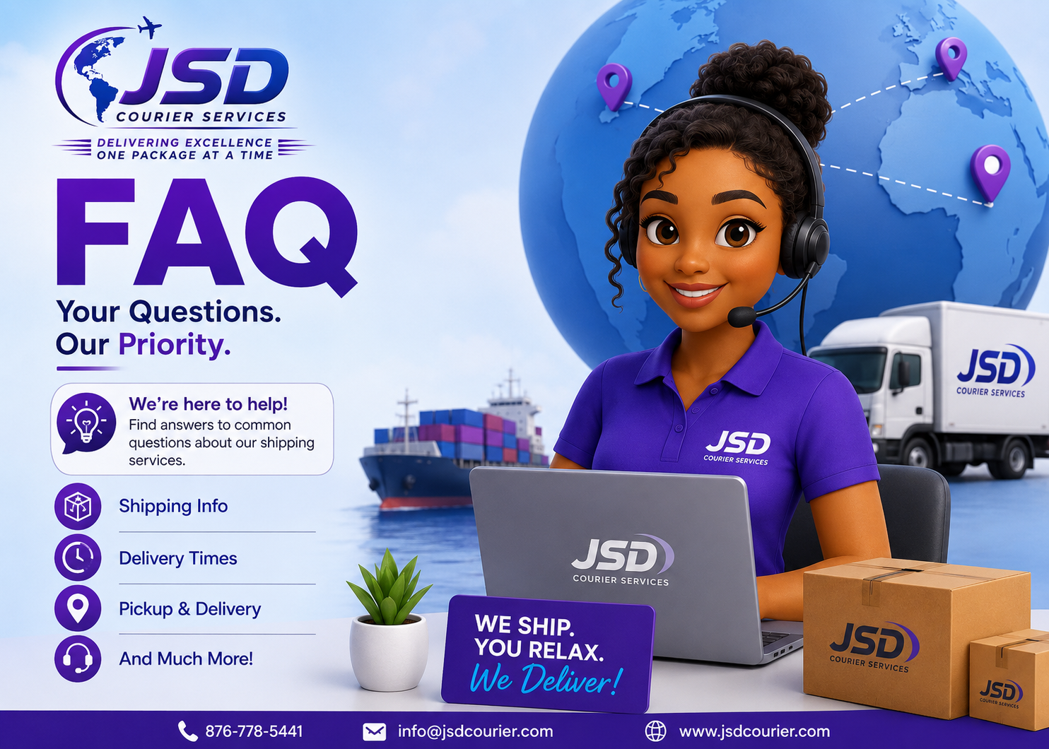 JSD branded illustration of a customer service representative with packages and international shipping